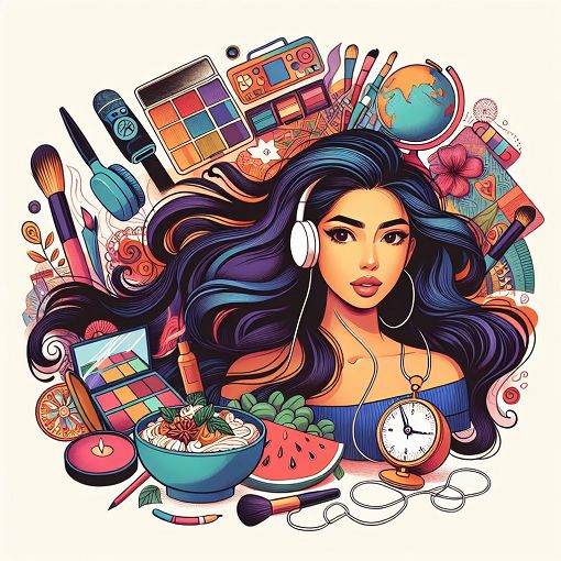 A vibrant illustration of a young woman surrounded by images representing her interests, such as music, travel, makeup, and food.