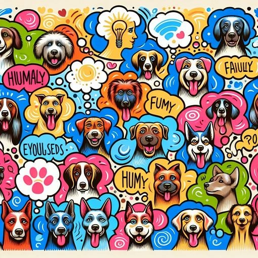 A vibrant, playful illustration of various dog breeds with thought bubbles showcasing human-like traits and emotions in a whimsical style