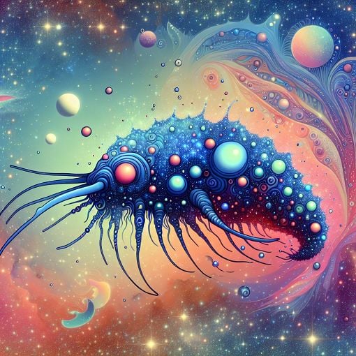 Create an imaginative illustration of a unique alien creature called 'Strandosmos Grubtoid', showcasing vibrant colors and intriguing features, set in a whimsical galactic landscape.