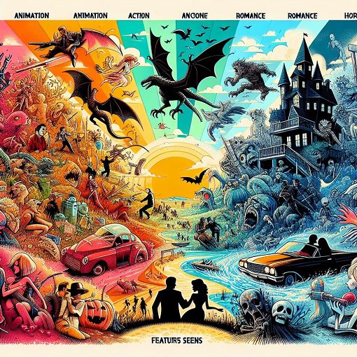 A vibrant and engaging illustration of diverse movie genres, featuring iconic elements from animation, action, romance, and horror films, with a whimsical and colorful design.