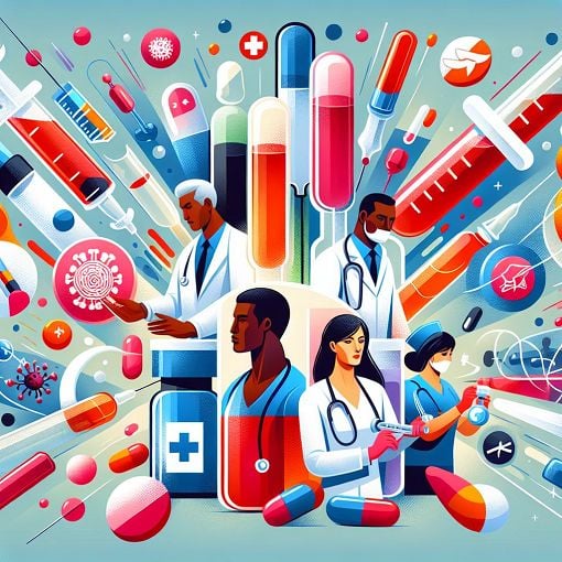 An informative and engaging illustration related to vaccines and healthcare treatments, featuring symbols of medicine, vials, and healthcare professionals in a dynamic style.