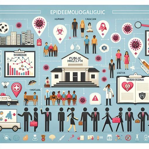 Create an educational image depicting epidemiological concepts, including elements like disease spread, prevention strategies, public health symbols, and a diverse group of people in a community setting, emphasizing health awareness.