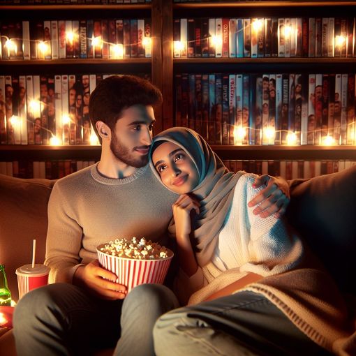 A cozy and intimate movie night scene featuring a couple cuddling with popcorn and drinks, surrounded by fairy lights, a warm atmosphere, and a selection of movies in the background.