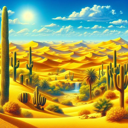 A vibrant desert landscape featuring cacti, hot sand dunes, and an oasis under a clear blue sky, showcasing the beauty of hot deserts.