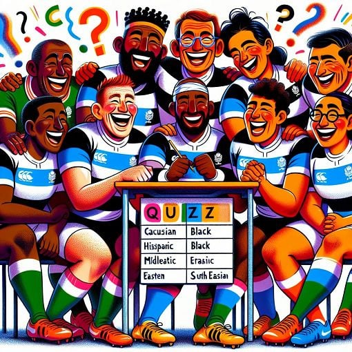 A colorful and playful illustration of a rugby team gathered around a quiz board, smiling and laughing, with cartoonish elements representing various fun questions and team spirit, in a vibrant style.