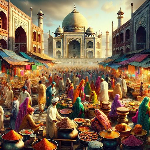 A colorful and vibrant marketplace in India with traditional foods being sold, people wearing saris and kurtas, and the Taj Mahal in the background.