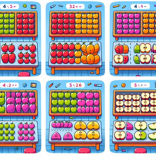 An educational illustration showing groups of apples and tables, with representations of equal division and fractions, bright and colorful, aimed at children.