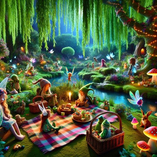 A whimsical, enchanted forest scene with magical creatures like fairies, gnomes, and woodland animals, featuring a cute picnic setup by a serene pond, all in bright, vibrant colors.