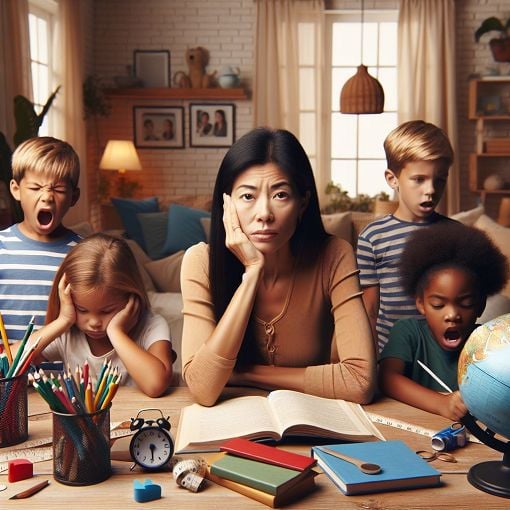 A concerned parent sitting at a table with homeschooling materials surrounded by children who appear disinterested, with a backdrop of a cozy home environment, conveying the complexities and challenges of homeschooling.