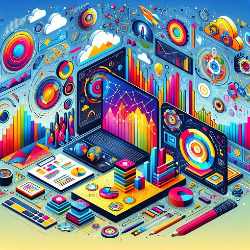 A vibrant and engaging graphic depicting digital marketing concepts such as analytics, data visualization, and technology, featuring elements like charts, graphs, and web elements, with a modern and colorful design