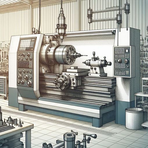 A detailed illustration of a CNC lathe machine in a workshop setting, showcasing the turret, spindle, and various tools with a clean and professional background.