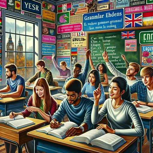 A vibrant classroom scene with students engaging in an English lesson, colorful posters on the walls, and a chalkboard filled with grammar rules.