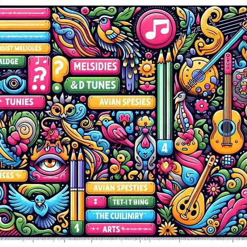 Generate an image of a colorful quiz design featuring a variety of topics like music, birds, and food in a whimsical and engaging style.