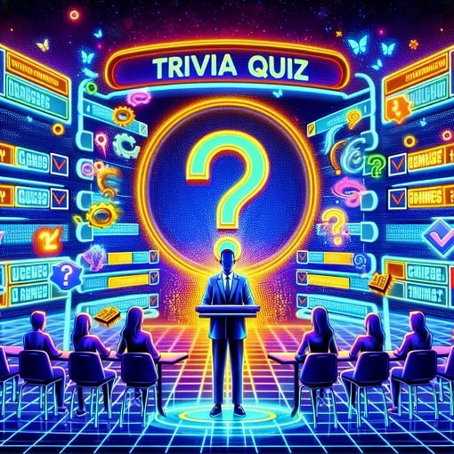 Create an illustration showing a fun quiz atmosphere with a character named Apped, surrounded by various intriguing quiz elements like question marks, checklists, and colorful graphics.