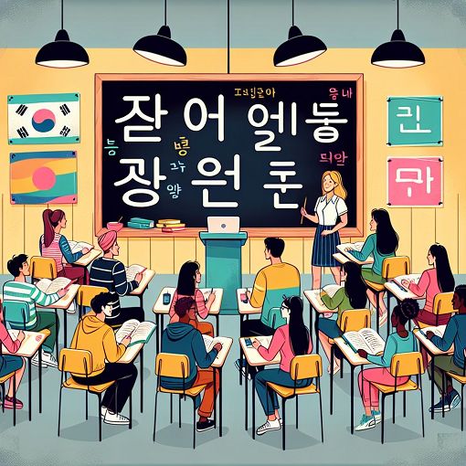 Create an image of a vibrant and educational setting featuring Hangeul characters and a diverse group of people studying Korean language in a classroom environment.