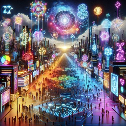 A futuristic landscape featuring elements of the metaverse, digital art, and blockchain technology, with cultural symbols and artifacts integrated into the scene.