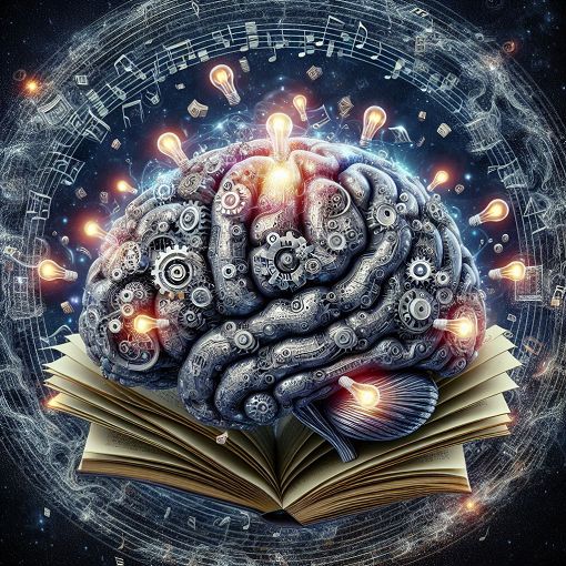 A brain with gears and lightbulbs, surrounded by books and musical notes, symbolizing various memory techniques and alterations.