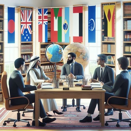 A classroom or online setting where diverse individuals are engaging with international organization themes, with flags from various countries and books about international law in the background.