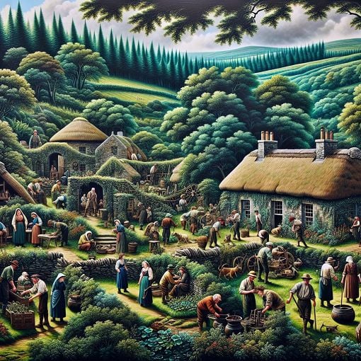 A historical landscape scene depicting an Irish plantation with settlers, lush greenery, and traditional Irish architecture in the background.