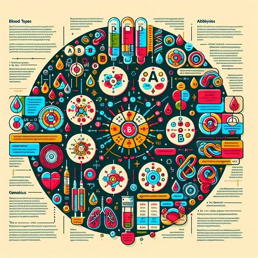 Create an educational infographic about the ABO blood group system, including sections on blood types, genetics, and antibodies. Use vibrant colors and clear visuals to represent key concepts.