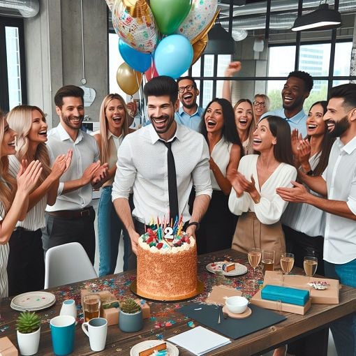 A cheerful farewell gathering with colleagues, celebrating a team member's departure, balloons, and a cake