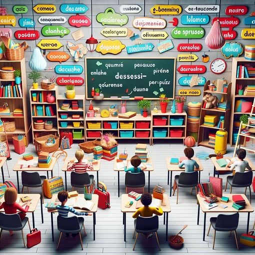 A colorful illustration of a classroom setting with students learning French, featuring books, a chalkboard, and various objects labeled with possessive adjectives.