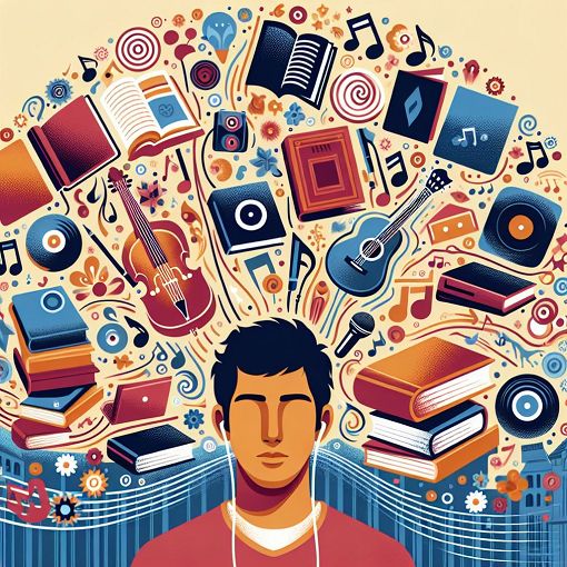 A vibrant illustration of a young man with diverse interests, surrounded by elements like books, music notes, and travel destinations, representing a personal quiz about preferences and experiences.