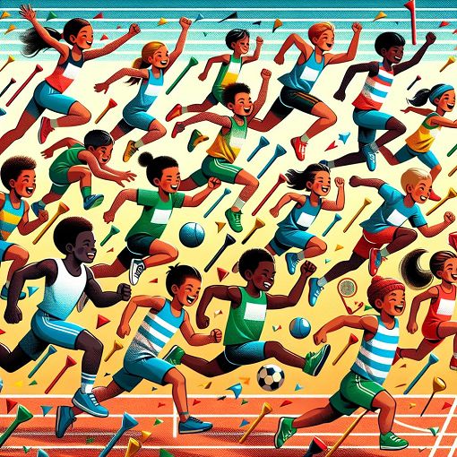 A vibrant and energetic image depicting young athletes competing in track and field events at a Little Athletics carnival, showcasing excitement and teamwork.