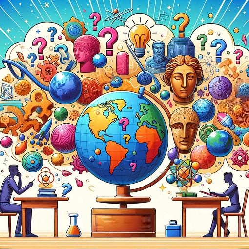 A visually engaging illustration of a colorful quiz with various subjects represented, such as geography, history, and science, featuring question marks and thought bubbles.