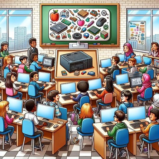 A brightly colored illustration of a classroom with students using computers, featuring a large monitor displaying various computer parts like a keyboard, mouse, and CPU, in a fun and educational style.