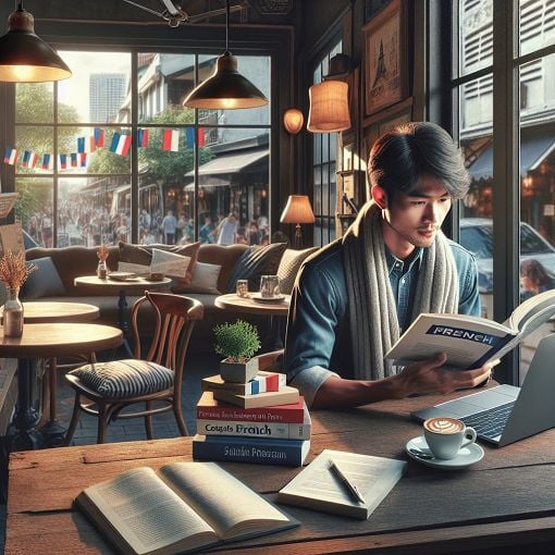 A visually appealing image of a person studying French in a cozy café, with French textbooks and a laptop, soft lighting, and a warm atmosphere.