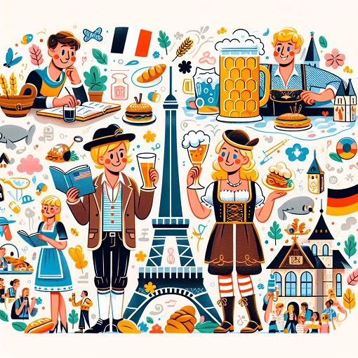 A playful and colorful illustration contrasting French and German stereotypes, featuring iconic symbols like the Eiffel Tower and beer steins with humorous characters representing each culture.