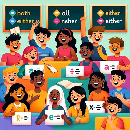 A bright and colorful illustration depicting various quantifiers such as 'both', 'all', 'none', 'either', and 'neither' in a playful classroom setting with happy students engaging with the content.