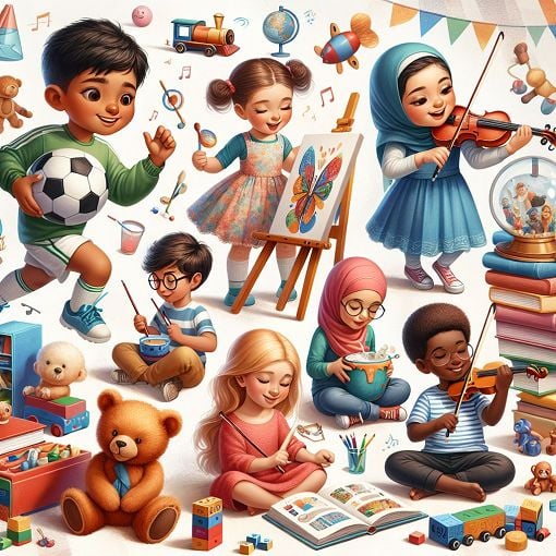 A colorful and engaging illustration of a diverse group of children participating in various activities like sports, art, and music, surrounded by books and playful elements.