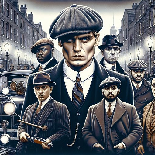 An artistic depiction of a 1920s Birmingham street with characters from Peaky Blinders, including Tommy Shelby, surrounded by iconic elements like flat caps and vintage cars.