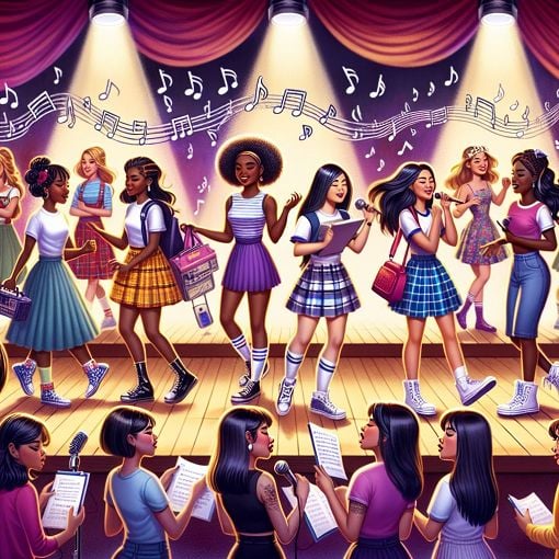 A vibrant and colorful illustration of high school girls participating in a drama club rehearsal, showcasing their unique styles and personalities, with a backdrop of a stage and music notes.