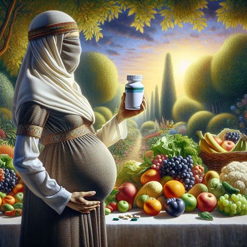 Create an image of a pregnant woman holding a vitamin bottle, surrounded by fruits and vegetables, with a serene background that evokes health and wellness.