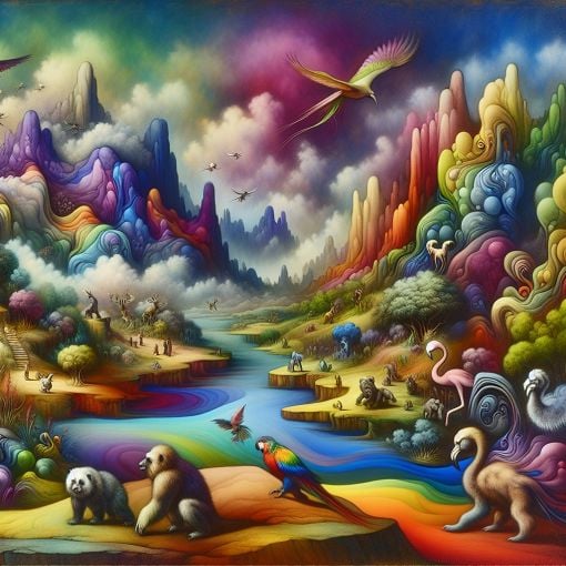 A vibrant, surreal landscape blending various dreamlike elements such as colorful rivers, majestic mountains, and whimsical animals, inviting viewers into a world of imagination and personality.