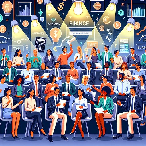 A dynamic quiz-themed image featuring elements of finance, teamwork, and a diverse group of people engaging in a fun learning environment.