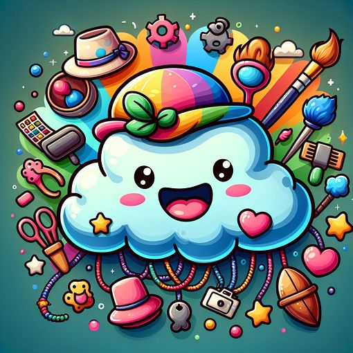 A colorful, whimsical illustration of a cartoon cloud character surrounded by vibrant colors, accessories like hats and necklaces, and playful elements that represent hobbies and interests, emphasizing a joyful and engaging atmosphere.