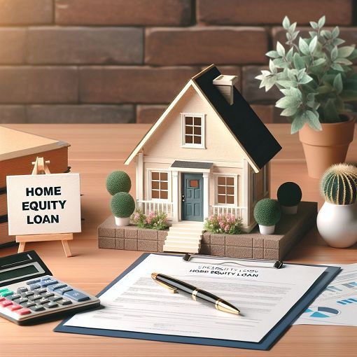 A visually appealing image depicting a home with a 'Home Equity Loan' sign, calculator, and paperwork in a cozy, inviting setting.