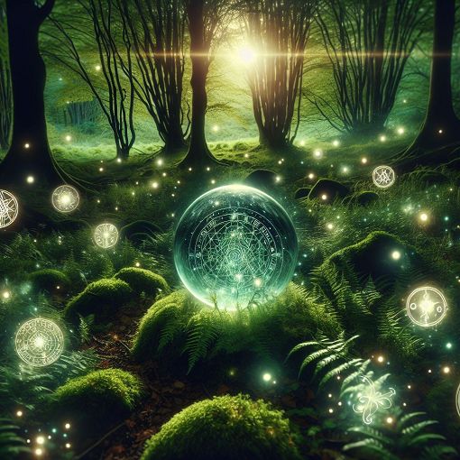 A mystical forest scene with glowing orbs, a crystal ball, and enchanting symbols, evoking a sense of magic and witchcraft.