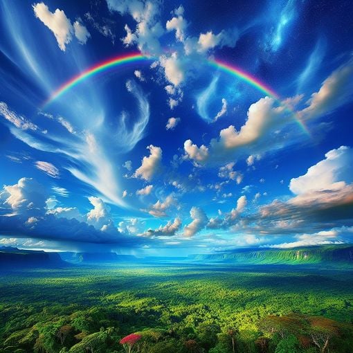 A vibrant rainbow arcing across a blue sky, with fluffy white clouds and a lush green landscape below, creating a picturesque scene that captures the beauty of nature.