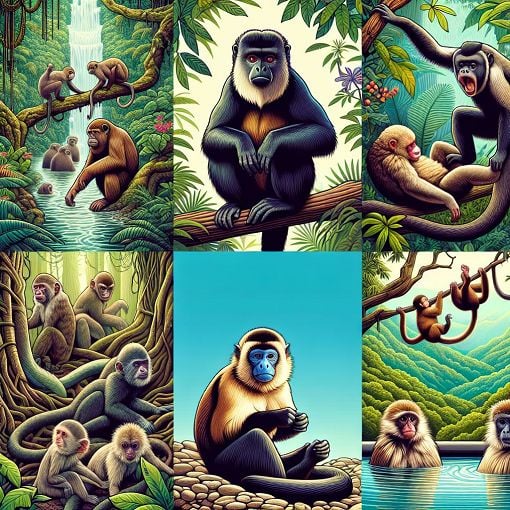 A colorful illustration of various monkey species in their natural habitats, showcasing their unique features and expressions.