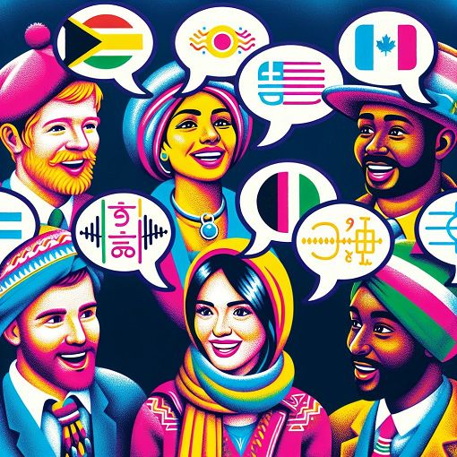 A vibrant illustration of diverse people speaking and practicing pronunciations, showcasing different accents with speech bubbles and phonetic symbols.