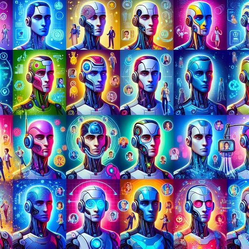 A vibrant and whimsical illustration of various clone characters representing diverse personalities, set in a sci-fi world with colorful backgrounds and humorous elements.