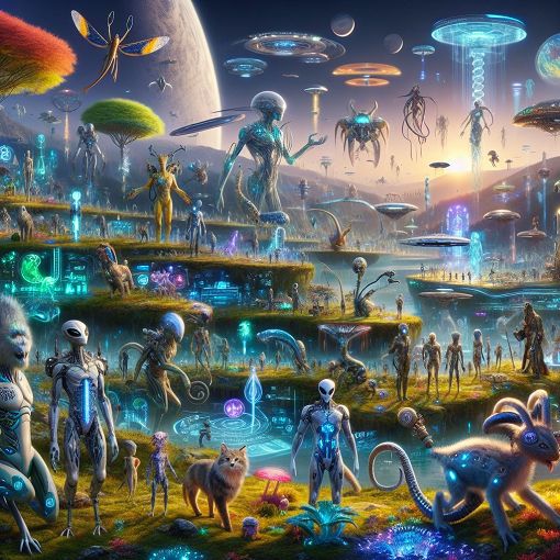 A futuristic landscape depicting various alien species interacting on a vibrant planet, showcasing different elements of cybernetic enhancement, DNA alteration, and diverse environments.