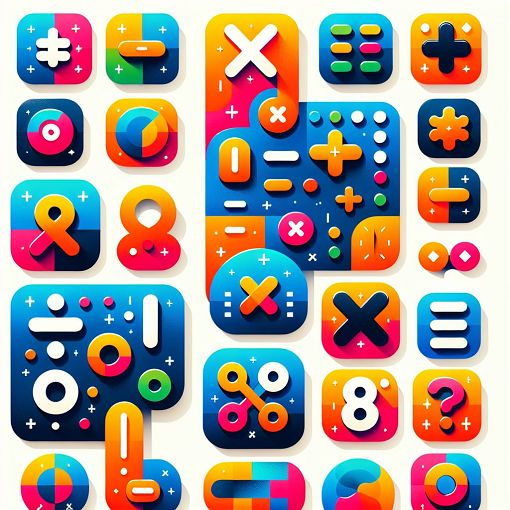 A colorful and engaging illustration of various math symbols such as addition, subtraction, multiplication, and division signs, along with a quiz interface theme.