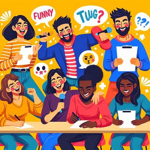 A vibrant and playful illustration of a group of diverse friends enjoying a fun quiz together, with each person exhibiting exaggerated characteristics based on quiz categories (e.g., funny, tough, kind).