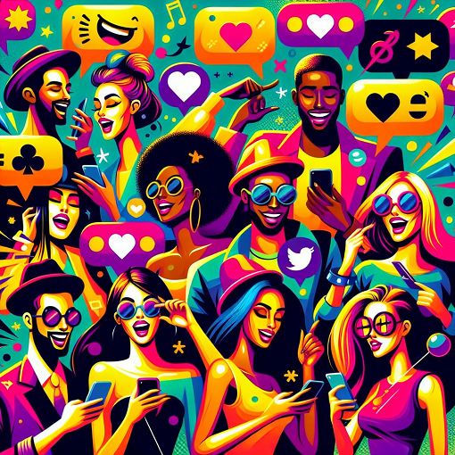 An eye-catching graphic featuring a diverse group of celebrities engaging with their fans on social media platforms, with bright colors and a fun, trendy vibe.